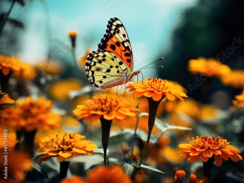 Orange butterfly sitting on flower. Illustration AI Generative. © olegganko