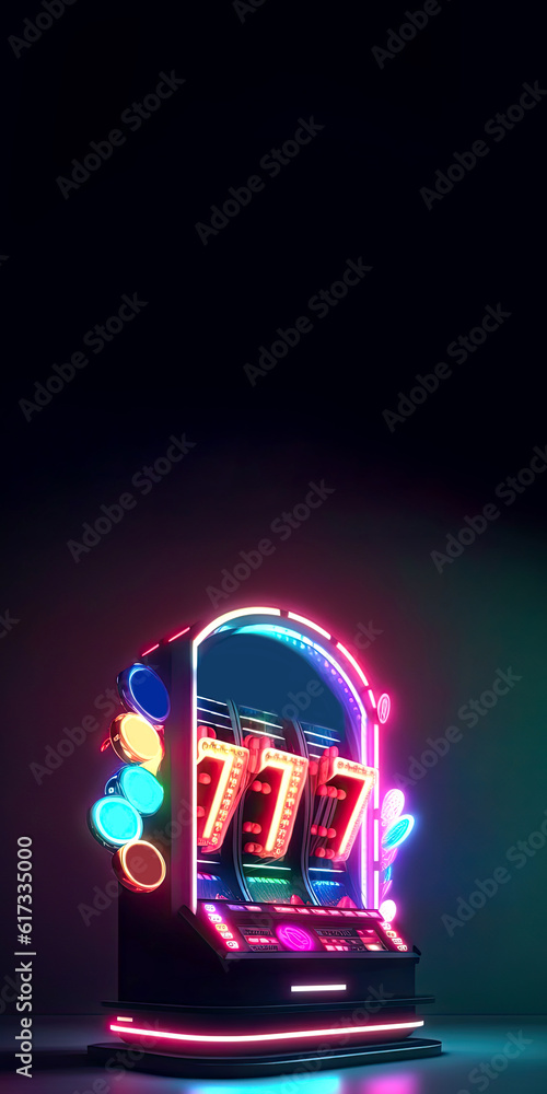 Colorful Glowing Neon Slot Machine with 777 Symbol, Poker Chips or Token on Dark Background, Casino Game Concept. Generative AI Technology. Colorful Glowing Neon Slot Machine with 777 Symbol, Poker Chips or Token on Dark Background, Casino Game Concept. Generative AI Technology.
