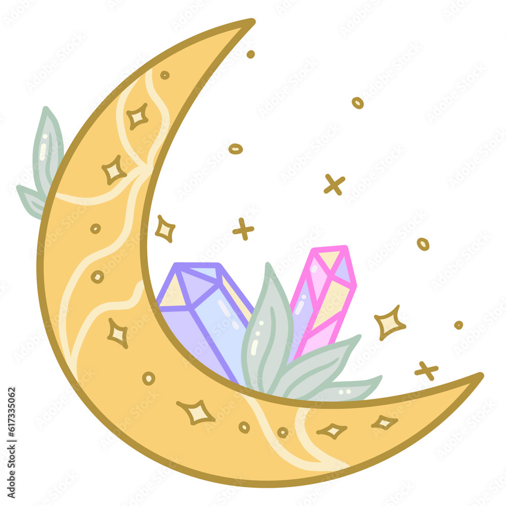 Magic Moon With Crystals And Leaves