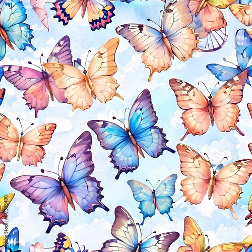 Minimalistic Watercolor colorful Cute butterflies  Colorful Butterflies Pattern. blue  yellow  pink  and red butterfly seamless pattern illustration