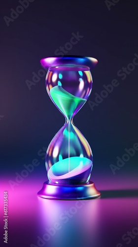 Hourglass on the table. Purple shade. Vertical photo. Dark background.