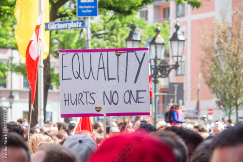 A sign with written: "Equality hurts no one" during the Gay Pride celebration in Munich