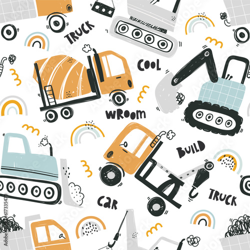 Vector hand-drawn seamless repeating children simple pattern with cars and rainbows in Scandinavian style on a white background. Kids texture with building equipment. Funny construction transport. 