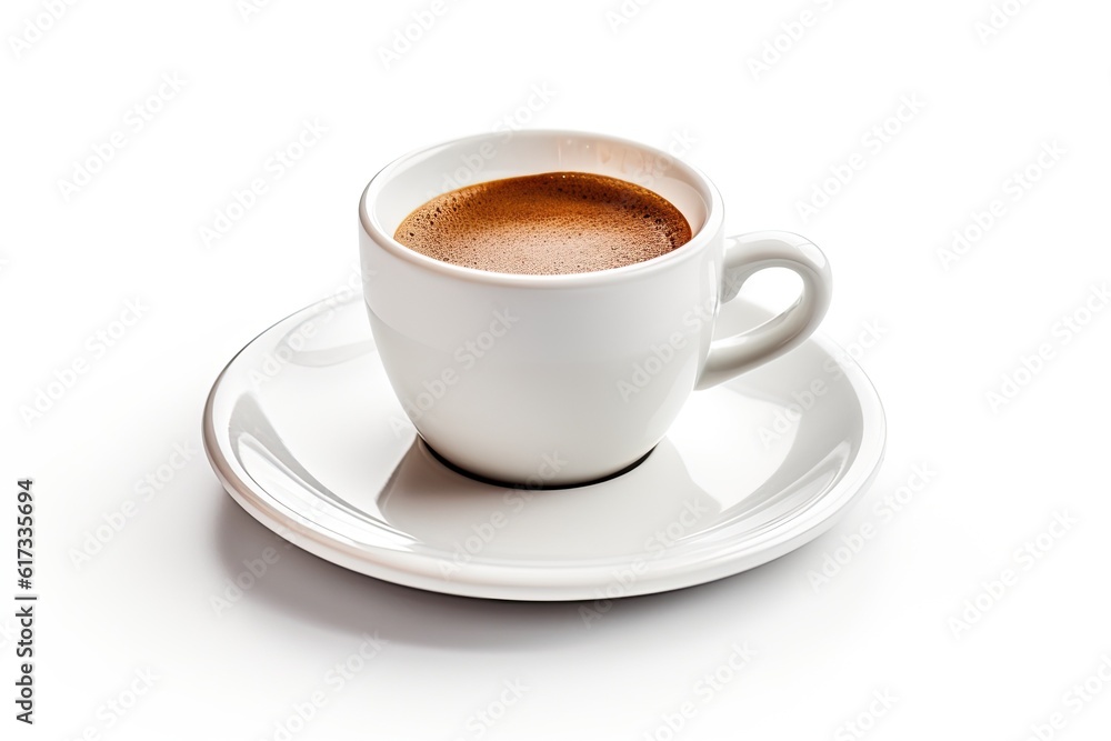 White cup of coffee on white plate. Generative AI White cup of coffee on white plate. Generative AI