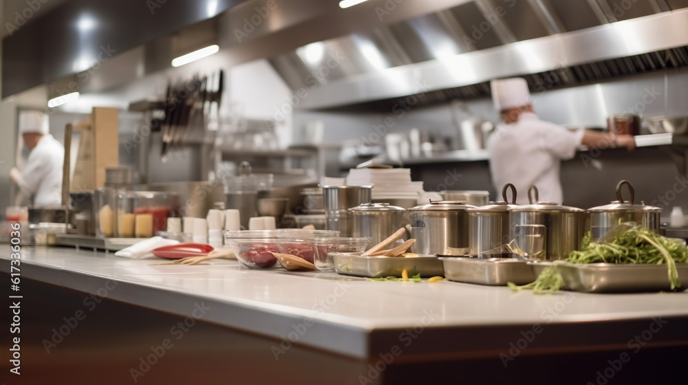 Illustration of modern professional kitchen with cooks preparing food. Spacious indoor background with copy space. AI generative image. Illustration of modern professional kitchen with cooks preparing food. Spacious indoor background with copy space. AI generative image.