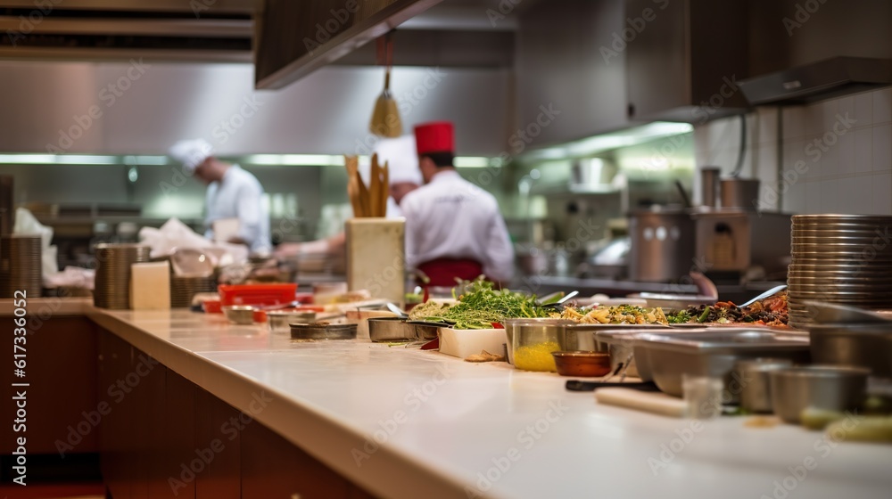 Illustration of modern professional kitchen with cooks preparing food. Spacious indoor background with copy space. AI generative image.