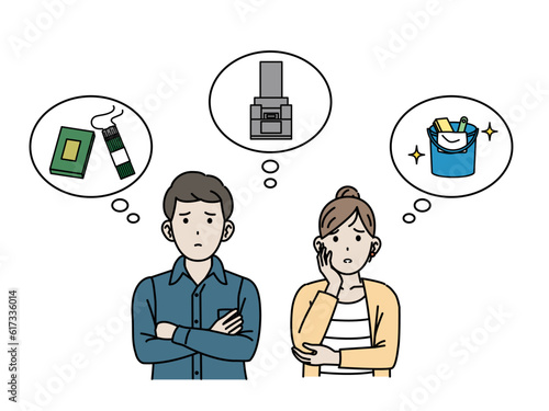 お墓関連で悩む夫婦のイラスト