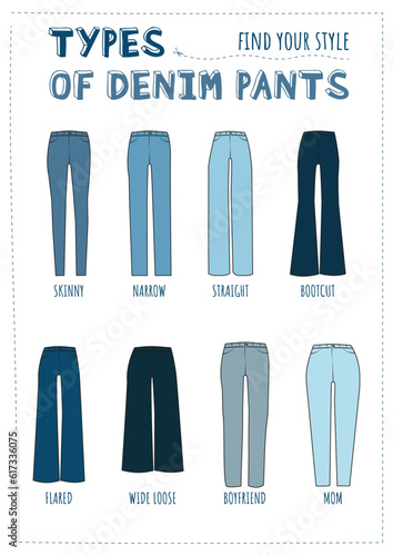 Types of denim pants - jeans vector drawings