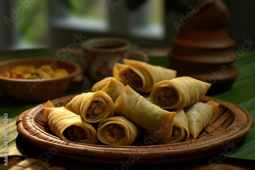 molen indonesian traditional food made from banana wrap with sheet of pastry dough photo