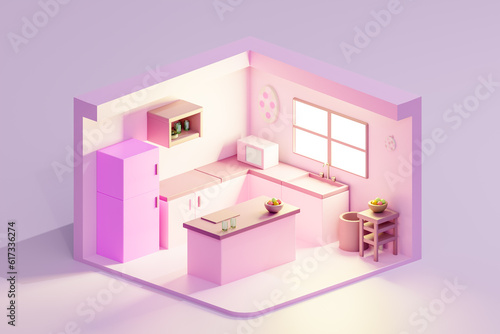 3D render of cartoon low poly pink kitchen with window. Isometric view