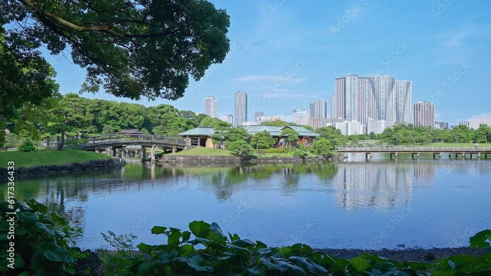 Beautiful Japanese traditional garden and pond with skyscrapers Tokyo Beautiful Japanese traditional garden and pond with skyscrapers Tokyo