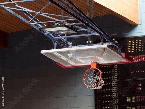 Basketball board and basket rim. Digital score board.
