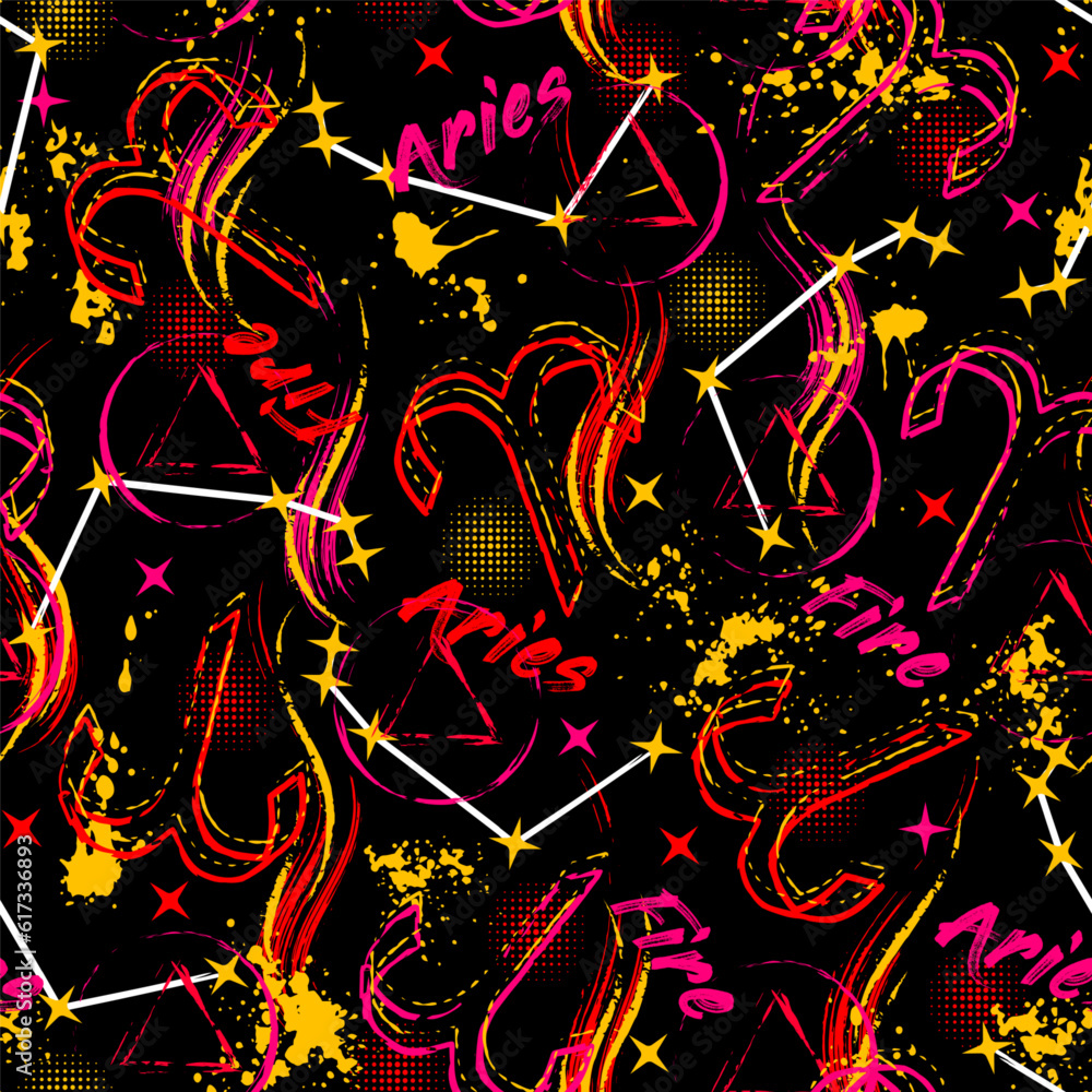 Seamless pattern with zodiac sign Aries, constellation, text, paint splatter, brush strokes, alchemical triangle symbol of fire element Grunge style for sport goods, prints, clothing, t shirt design