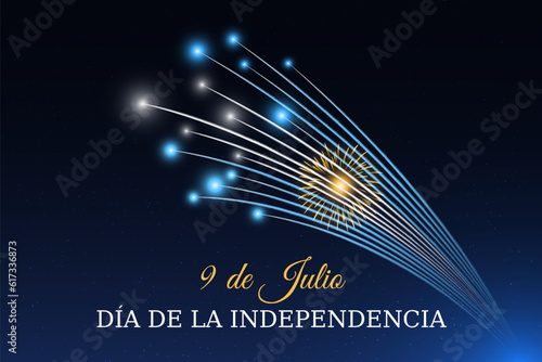 9th of july, argentina independence day, argentine colorful fireworks flag on blue night sky background. Argentina national holiday. Greeting card. Vector. Translation july 9 Independence day