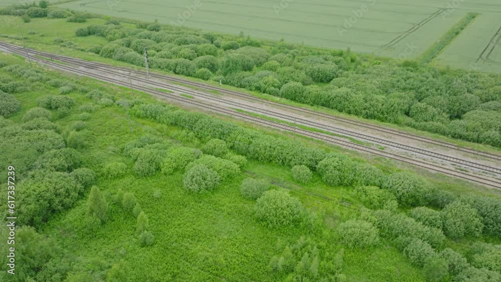 Aerial establishing view of empty railroad train tracks, countryside scenery, fresh green forest on the side, overcast cloudy summer day, wide drone birdseye shot moving forward, tilt down Aerial establishing view of empty railroad train tracks, countryside scenery, fresh green forest on the side, overcast cloudy summer day, wide drone birdseye shot moving forward, tilt down