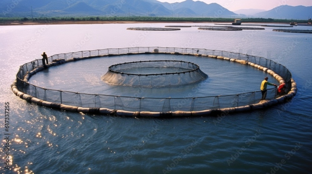 Sea fish farm nets. Cages for fish farming sea, ai generative	