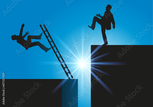 Concept de la concurrence et du leadership en entreprise, avec un homme d’affaire qui repousse son rival et l’empêche d’accéder au poste de dirigeant.