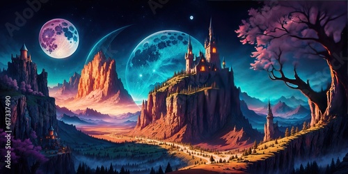 Fantastic night landscape, fictional world with a castle in the mountains. © Andreas