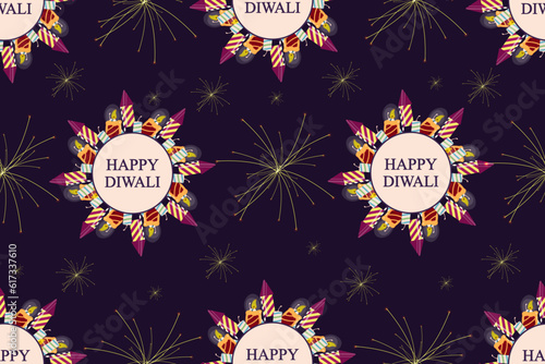 Diwali seamless pattern with firecracker. Main Indian and Hindu holiday endless ornament. Vector illustration. Wallpaper and fabric print with сandles, firecrackers.