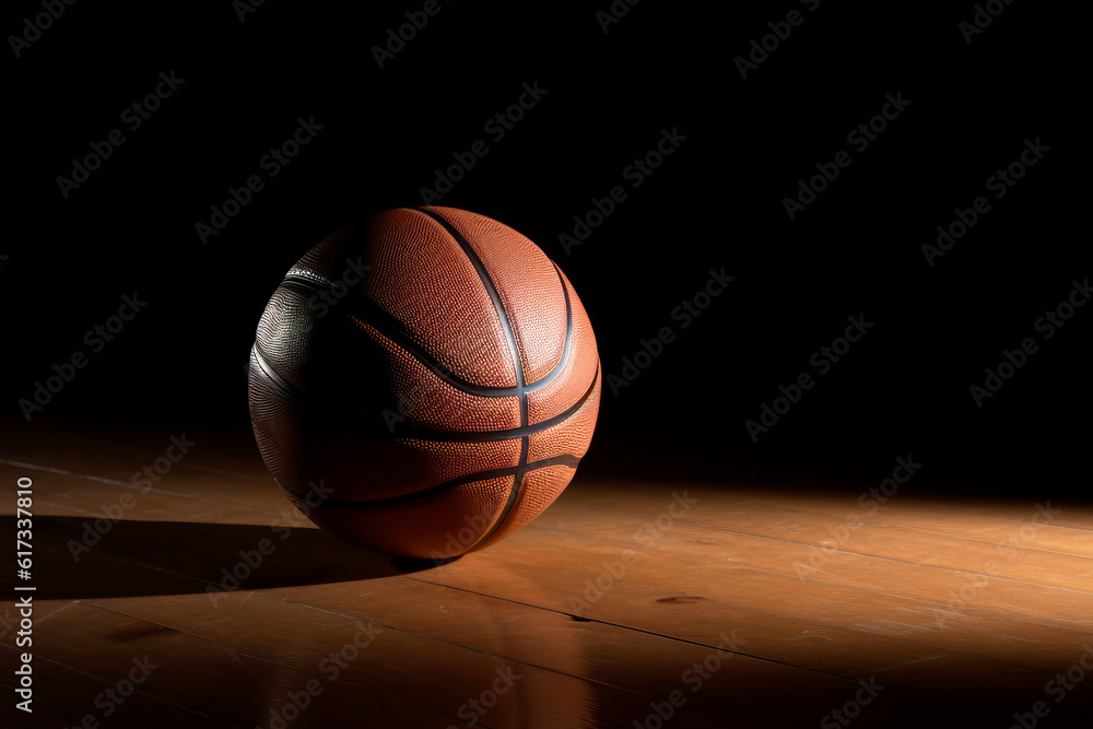 Basketball staying on top of a wooden floor. Dramatic spot lighting. Basketball staying on top of a wooden floor. Dramatic spot lighting.