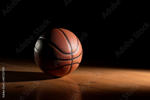 Basketball staying on top of a wooden floor. Dramatic spot lighting.  © Denis