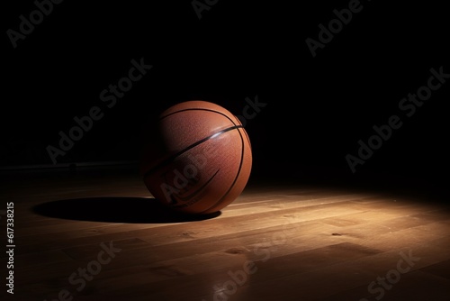 Basketball staying on top of a wooden floor. Dramatic spot lighting. 