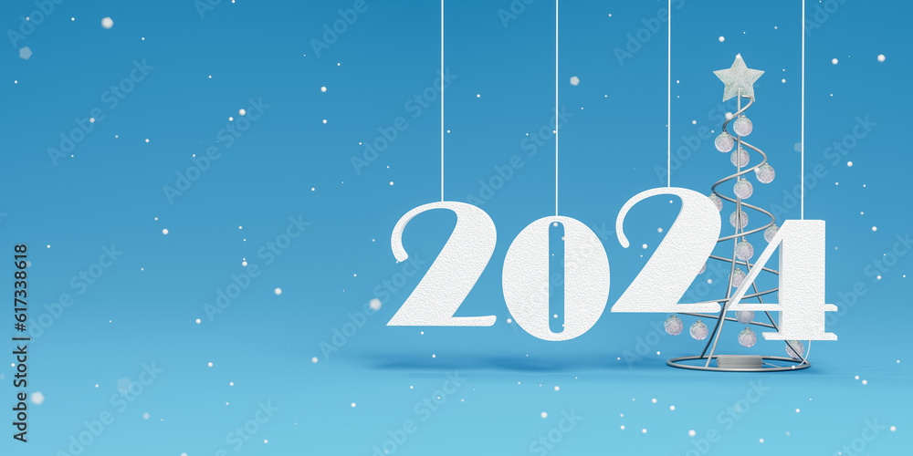 2024 Christmas tree. Elegant Christmas tree, 2024 numbers and snow on blue background. Christmas and new year concept. copy space. 3d illustration 2024 Christmas tree. Elegant Christmas tree, 2024 numbers and snow on blue background. Christmas and new year concept. copy space. 3d illustration