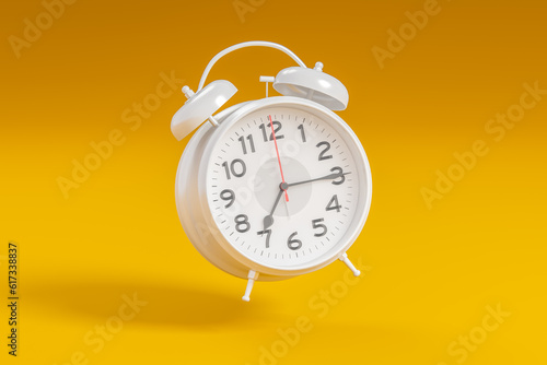 White vintage alarm clock on bright yellow color background. Time management, deadline concept. it's time to act. 3d rendering