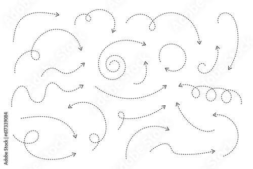 Thin curved dotted arrow. Zigzag arrow stripes design with dotted lines. Thin arrows. Vector illustration.