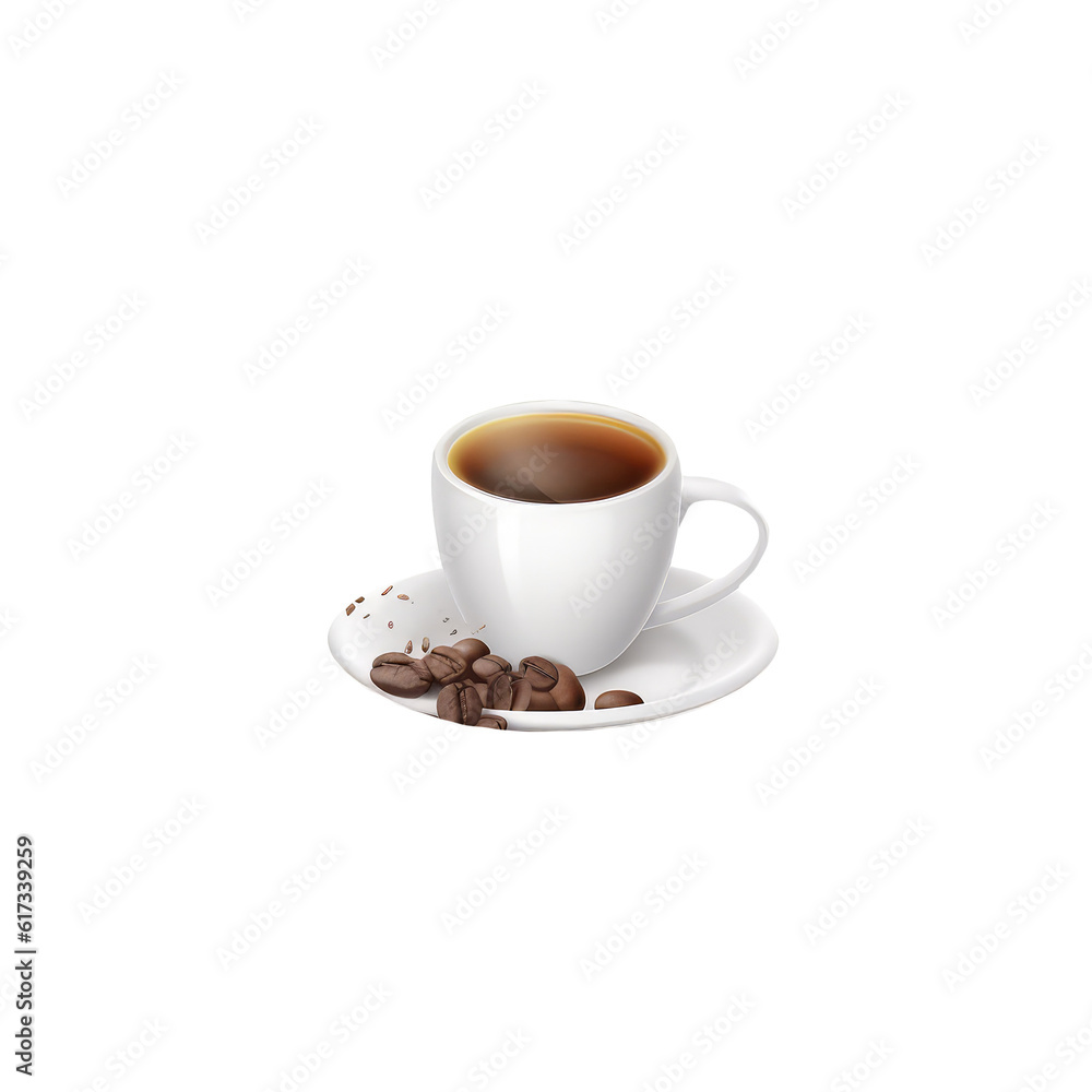 a close-up of an ordinary coffee cup on a saucer, accompanied by a single coffee bean on the cup's side. a close-up of an ordinary coffee cup on a saucer, accompanied by a single coffee bean on the cup's side.
