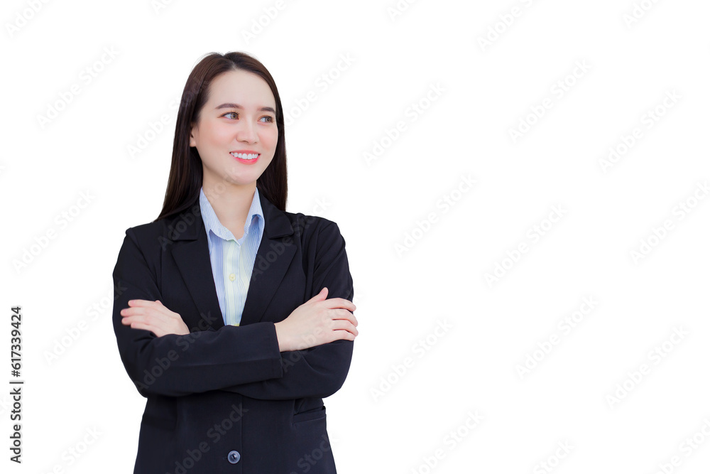 Professional business working Asian woman who wear a black formal suit stands with crossing her arm smiles happily isolated on white background. Professional business working Asian woman who wear a black formal suit stands with crossing her arm smiles happily isolated on white background.