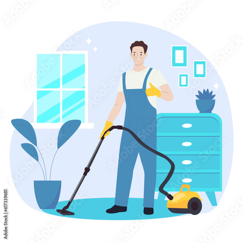 Cleaning service. Person in uniform are cleaning an apartment. Man with vacuum cleaner. 
