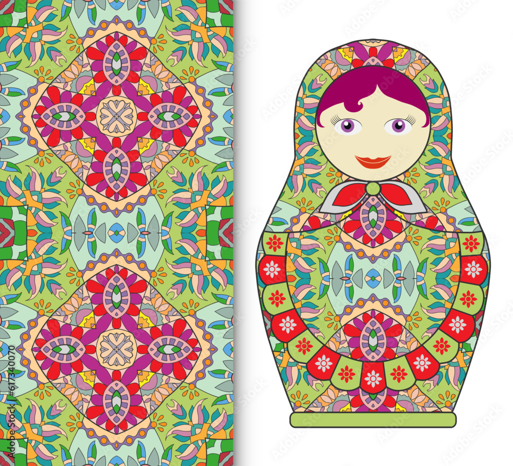 Russian doll fun toy souvenir and seamless geometric floral doodle pattern. Decorative elements for card or invitation, fabric or paper print. Hand drawn vector illustration.