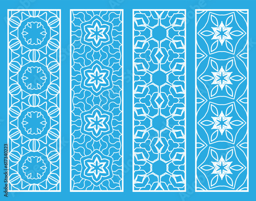 Decorative geometric line borders with repeating texture. Tribal ethnic arabic, indian, turkish ornament, bookmarks templates set. Isolated design elements. Stylized lace patterns collection