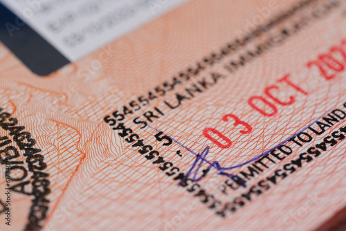 Foto close-up part of page of document, foreign passport for travel with Sri Lanka vi
