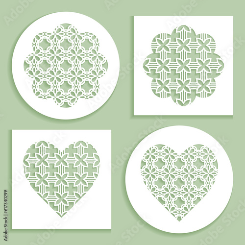 Templates for laser cutting, plotter cutting, printing. Heart and flower shape line pattern. Geometric design cut out of paper. Mandala die cut ornament. Fretwork panels, cutout silhouette stencils