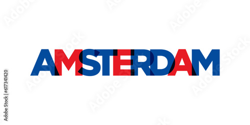 Amsterdam in the Netherlands emblem. The design features a geometric style, vector illustration with bold typography in a modern font. The graphic slogan lettering.