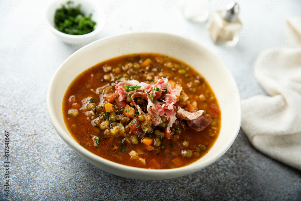 Homemade lentil soup with smoked bacon Homemade lentil soup with smoked bacon