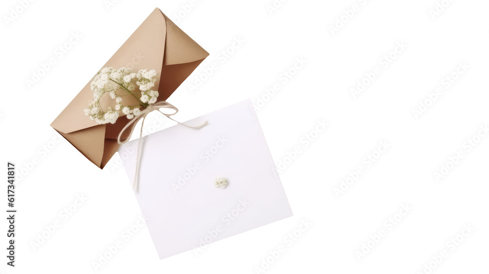 Top View of Blank White Paper Mockup and Baby's Breath Flowers, Kraft Box Against Background.