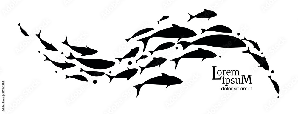 Black flock of swimming fish. Vector illustration - obrazy, fototapety, plakaty 