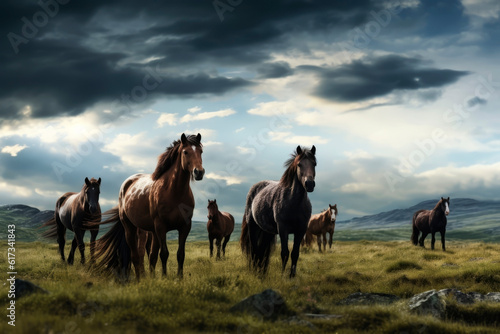 Horses in the field against the sky. Generative AI