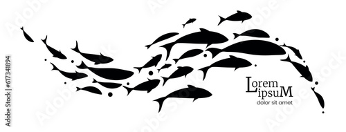 Black flock of swimming fish. Vector illustration