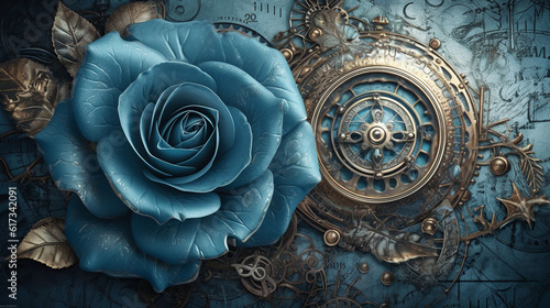  Blue, rouse, old , background, generative, ai, steampunk style, vintage, watch