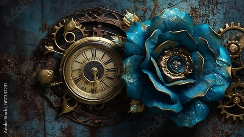  Blue, rouse, old , background, generative, ai, steampunk style, vintage, watch