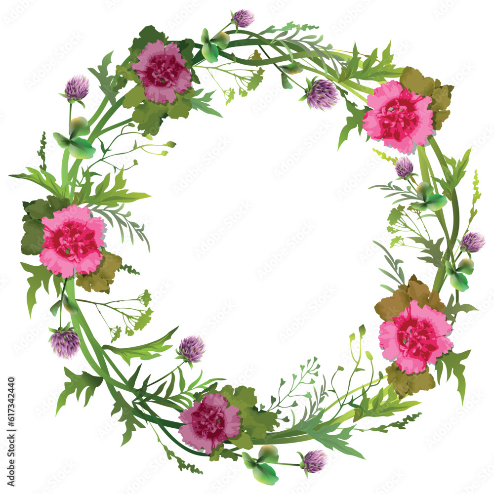 Floral wreath with pink flowers and herbs. Vector colorful illustration