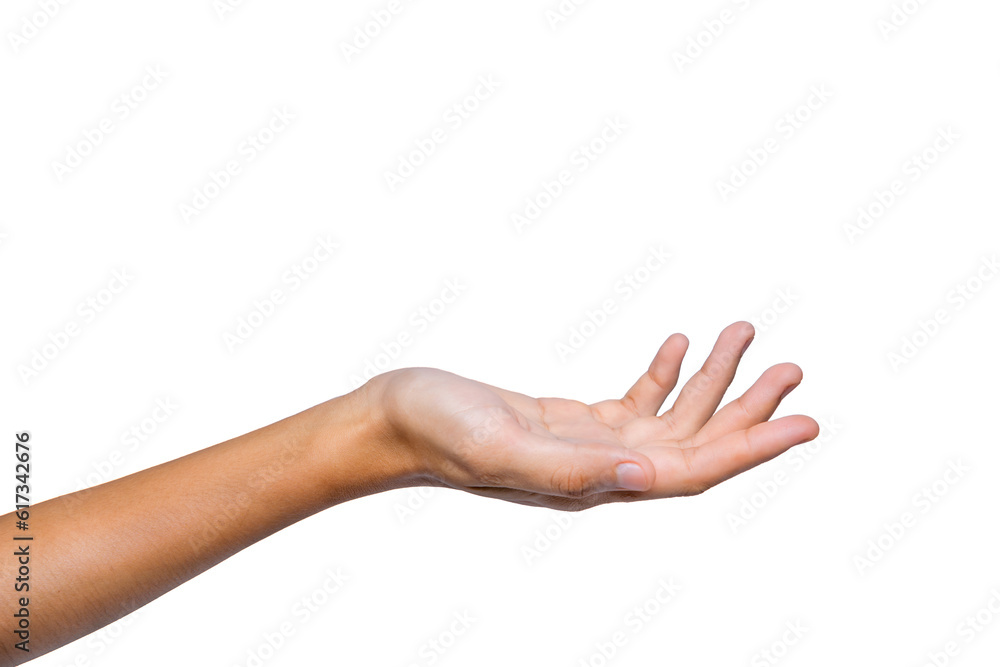 Beautiful female hand isolated on white background Close-up of an elegant palm facing up Gesture ready to help or be treated Show up empty handed and present open hand.