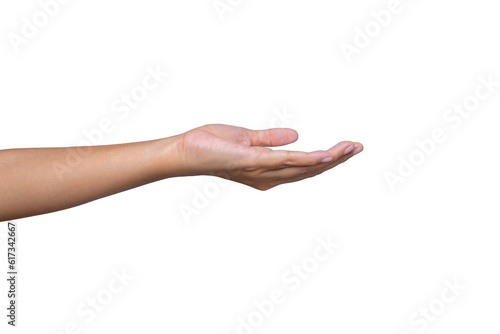 Beautiful female hand isolated on white background Close-up of an elegant palm facing up Gesture ready to help or be treated Show up empty handed and present open hand.