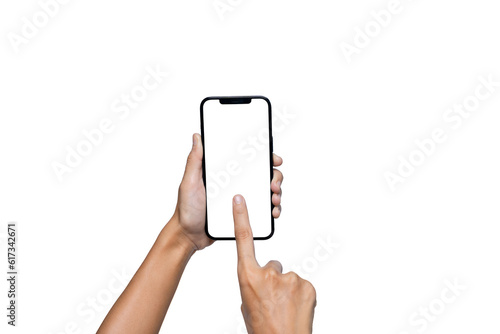 Closeup shot of a female hand using a smartphone on white background, blank white screen, businesswoman holding a mobile phone and unlocking with her fingerprint.