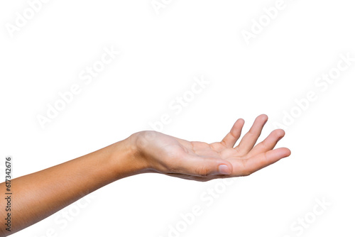 Beautiful female hand isolated on white background Close-up of an elegant palm facing up Gesture ready to help or be treated Show up empty handed and present open hand.