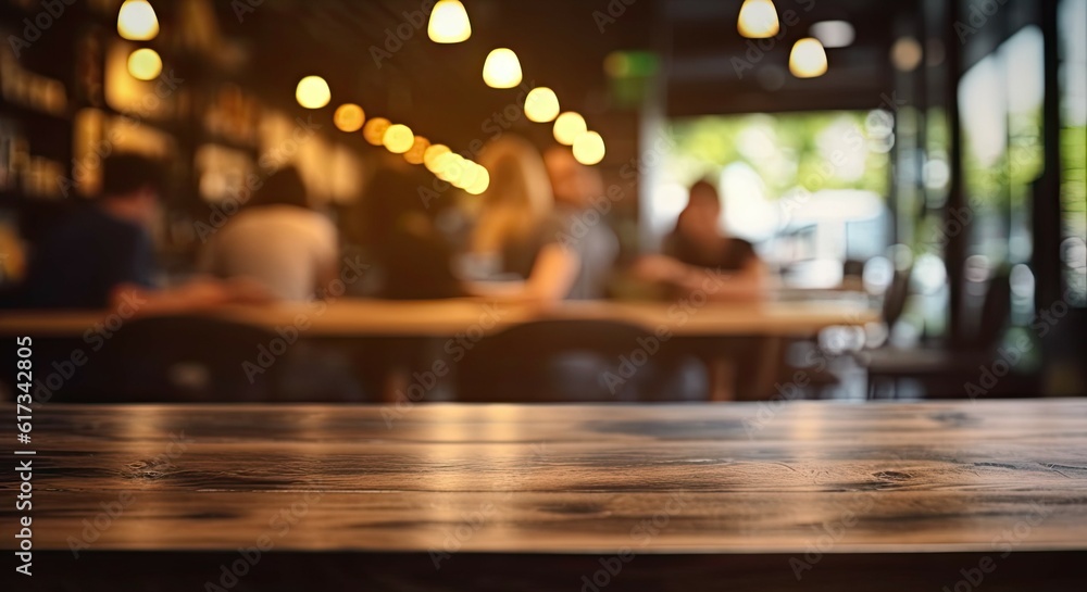 Coffee Delight. Product Showcase. Empty Wooden Table with Blurred Coffeeshop Background